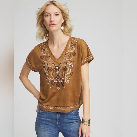 Chico's NWT Embroidered Faux Suede Ext Cap Tee Burnt Sienna 3/XL - Picture 7 of 8